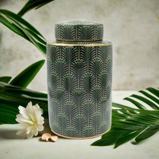 Green and Gold Palm Ceramic Ginger Jar - Large