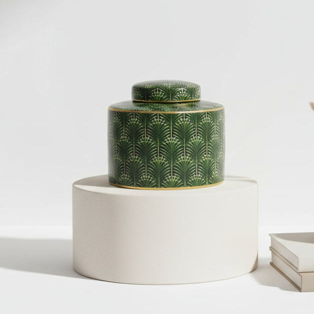 Green and Gold Palm Ceramic Ginger Jar - Small