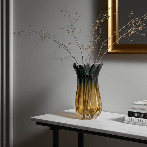Striking Charcoal Yellow Art Glass Vase