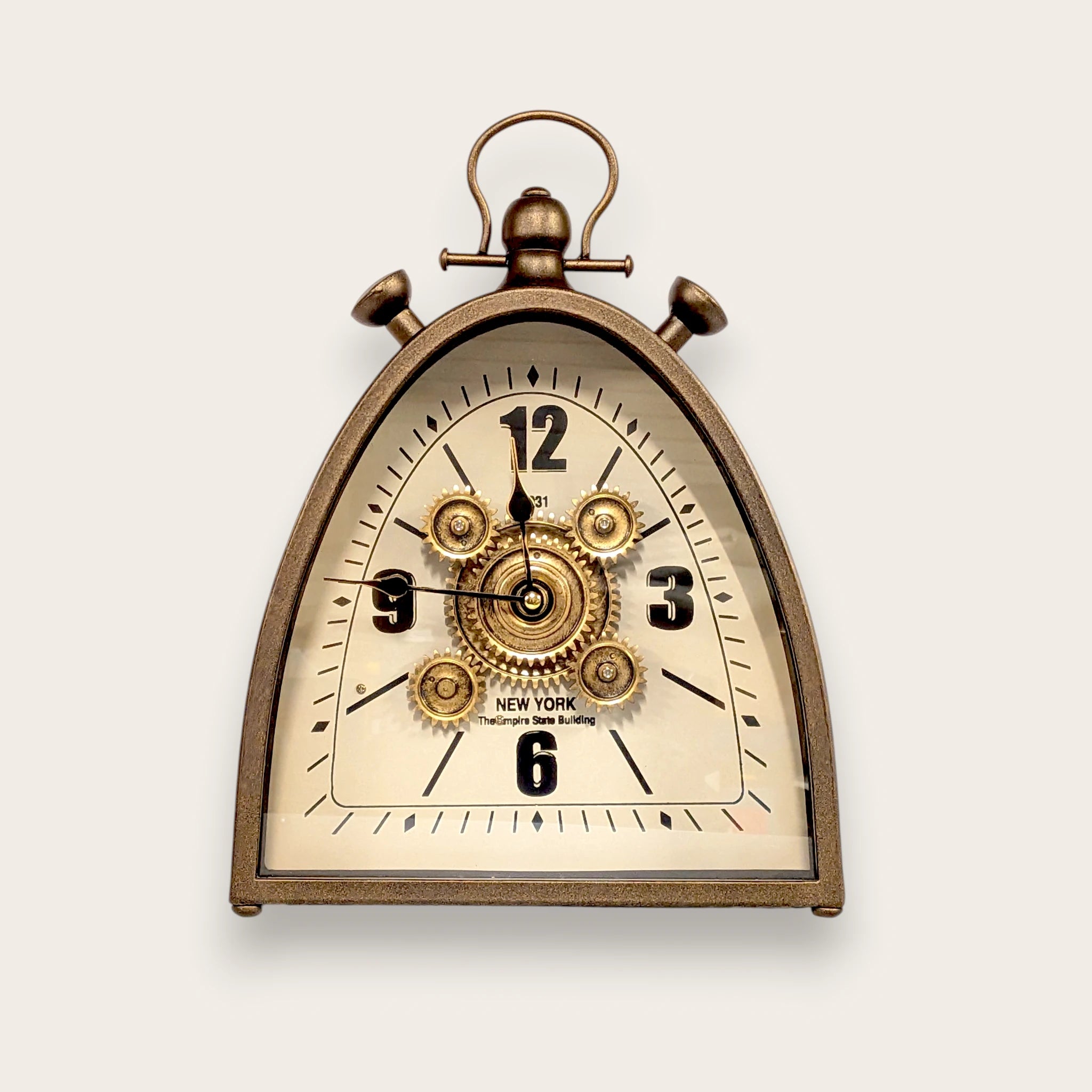 Antique Moving Gear Triangular Table Clock - 32.5cm