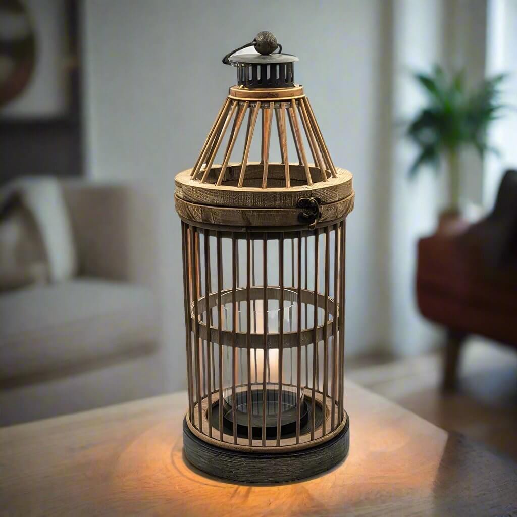 Tall Natural Wood Pillar Candle Lantern