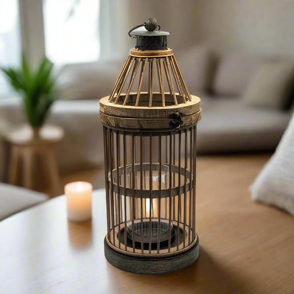Tall Natural Wood Pillar Candle Lantern