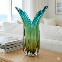 Green and Turquoise Handblown Art Glass Splash Vase