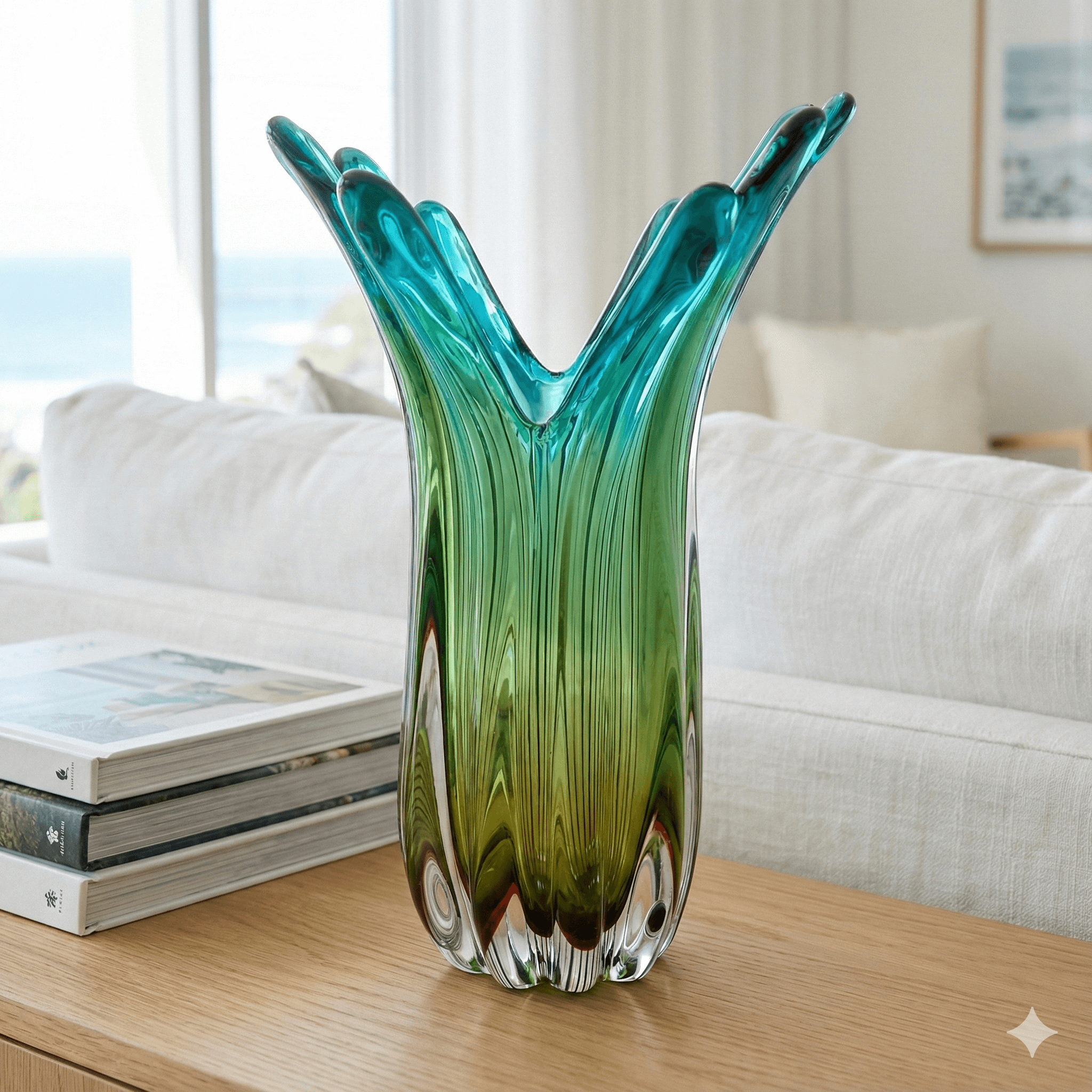 Green and Turquoise Handblown Art Glass Splash Vase