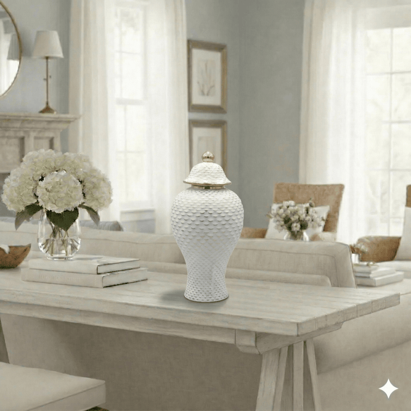 White Textured Ceramic Ginger Jar - Large