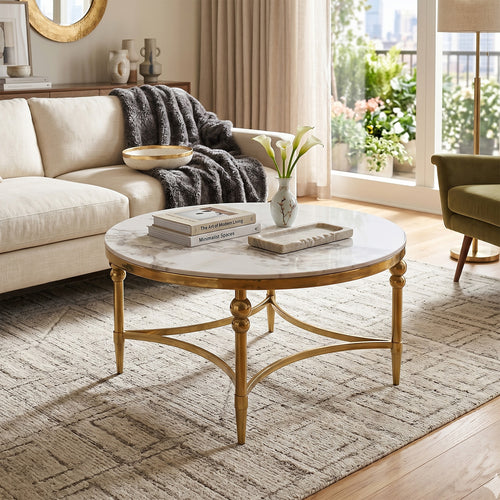 Classic Round Marble Coffee Table - Gold 90cm