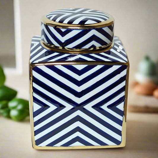 Zebra Square Blue & White Ceramic Gold Jar