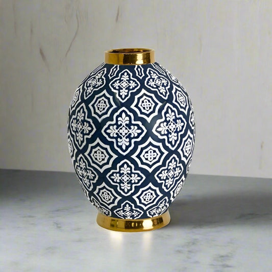 Tangier Midnight Ceramic Belly Vase - Large Blue/Gold 