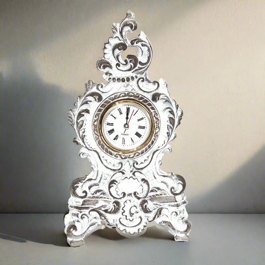 French Baroque Table Clock Vintage White/Gray 