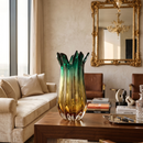 Emerald Green and Amber Ribbed Glass Vase