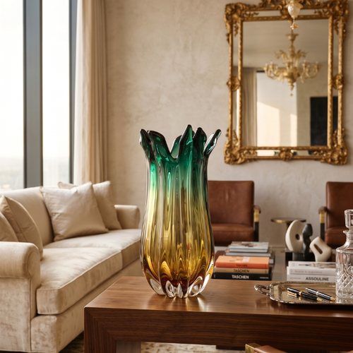 Emerald Green and Amber Ribbed Glass Vase