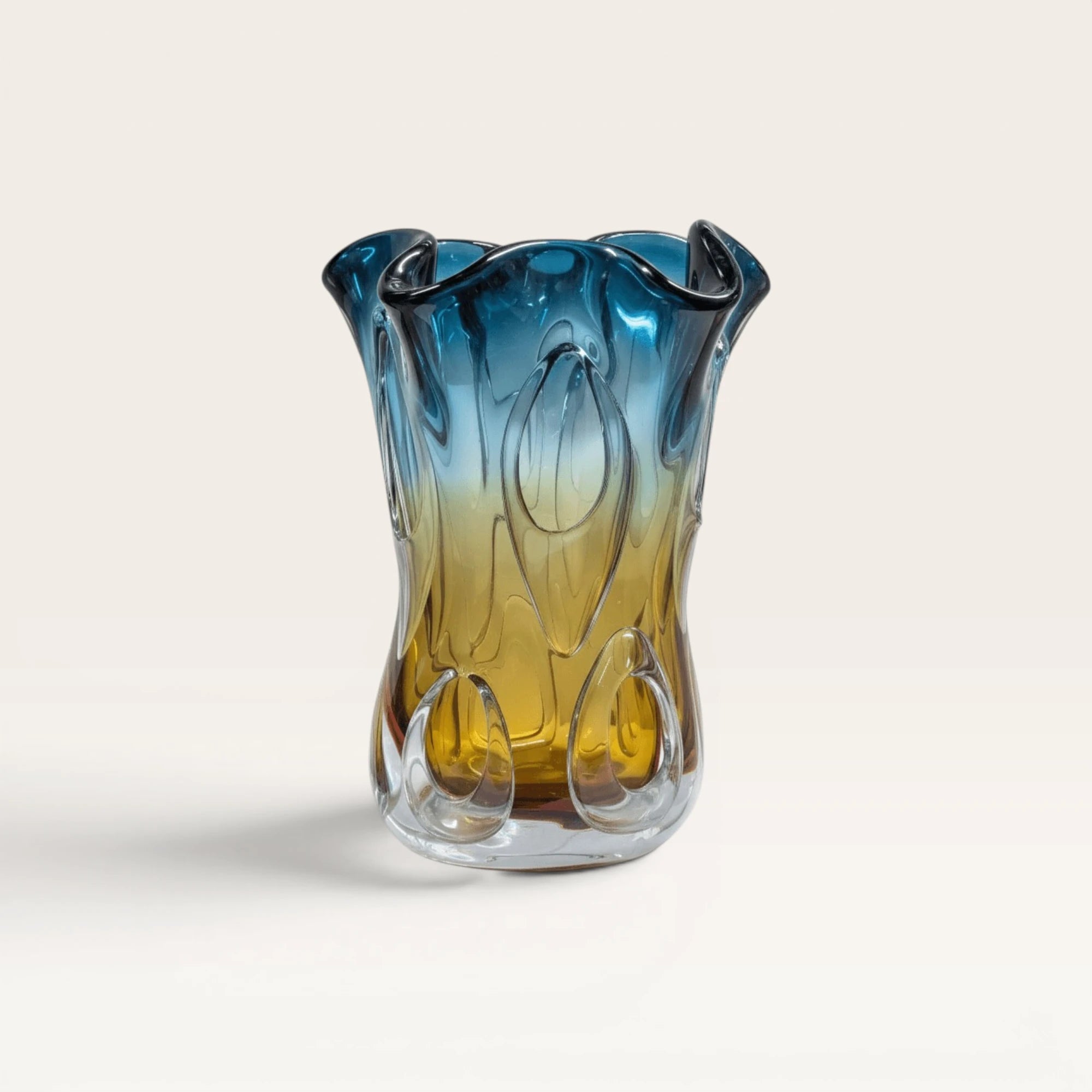 Azure Blue and Amber Fluid Art Glass Vase