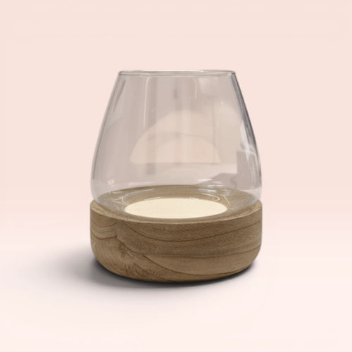 Clear Glass Bowl Vase with Wooden Base