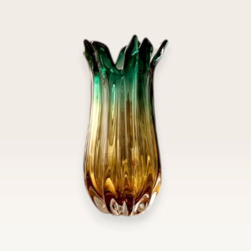 Emerald Green and Amber Ribbed Glass Vase