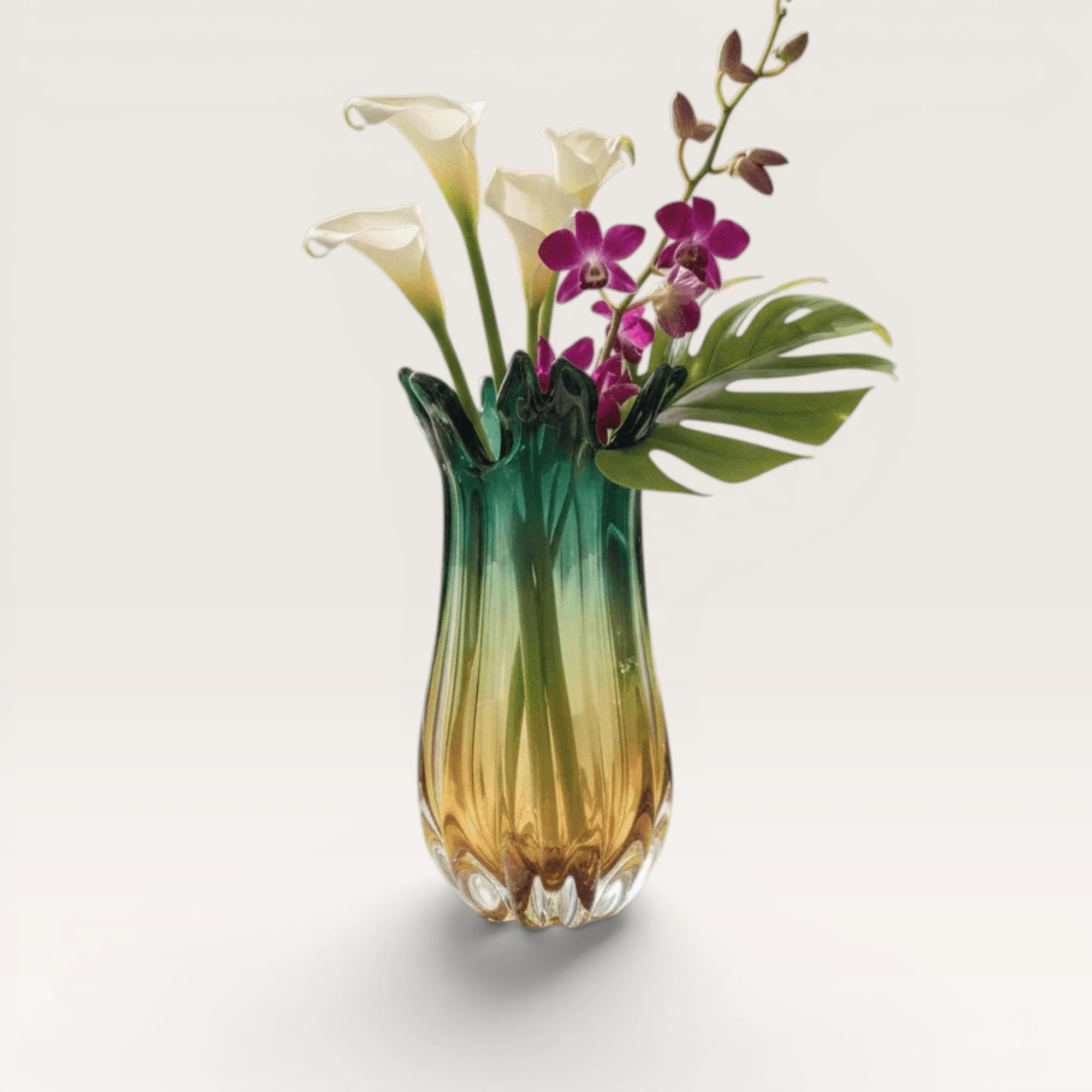 Emerald Green and Amber Ribbed Glass Vase