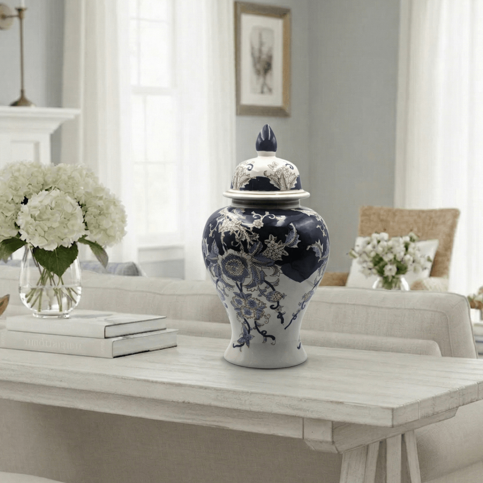 Navy Blue and White Porcelain Ginger Jar - 39cm - Floral