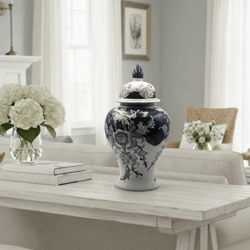 Navy Blue and White Porcelain Ginger Jar - 39cm - Floral
