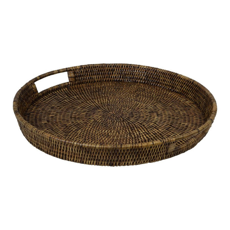 Vintage Brown Round Rattan Serving Tray