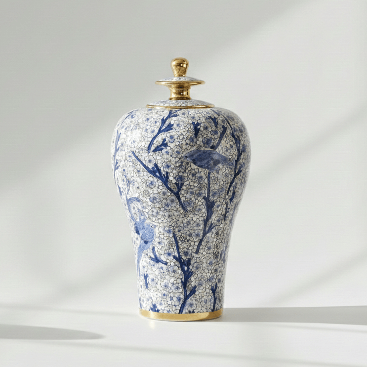 Blue and White Bird Ceramic Temple Jar