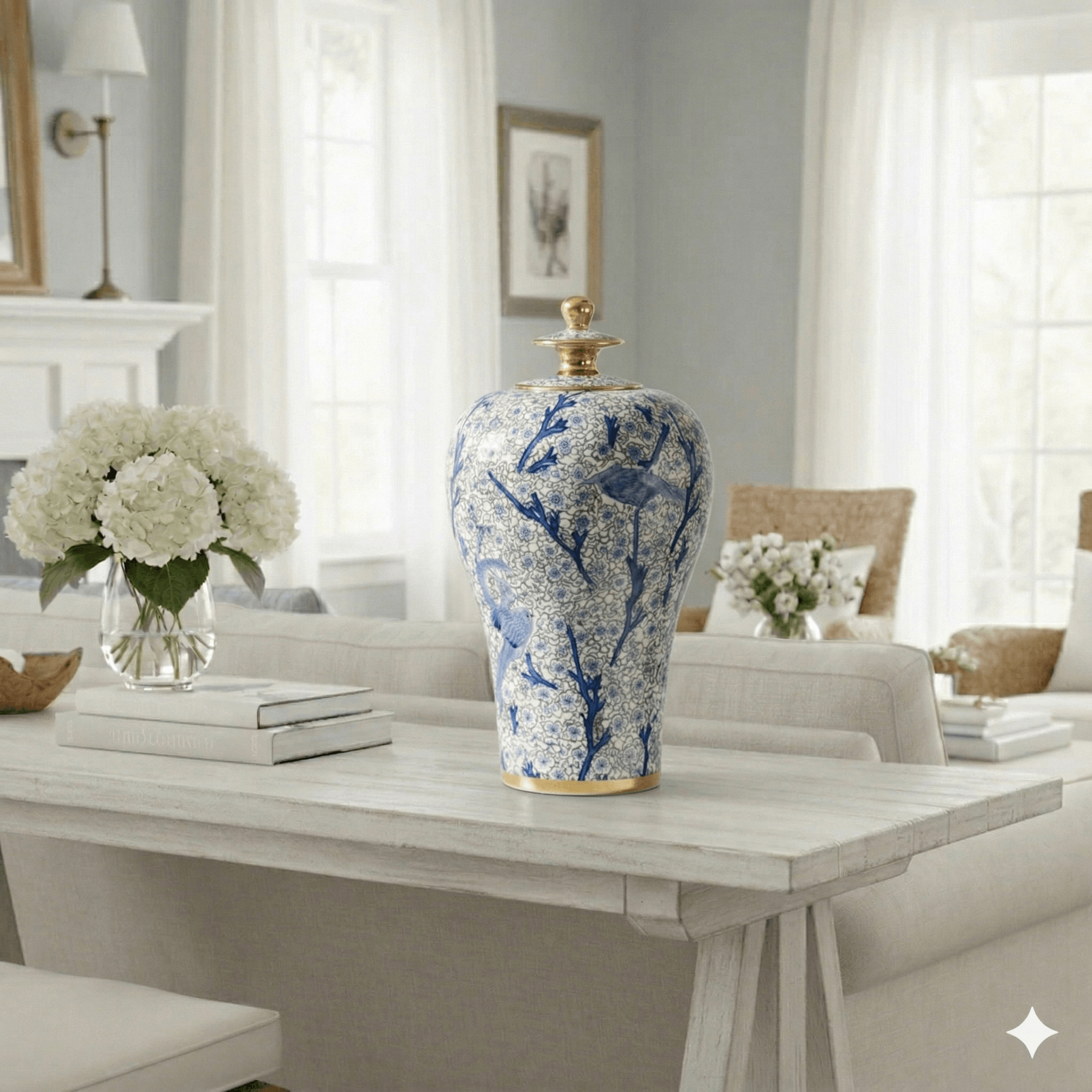 Blue and White Bird Ceramic Temple Jar