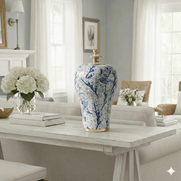 Blue and White Bird Ceramic Temple Jar
