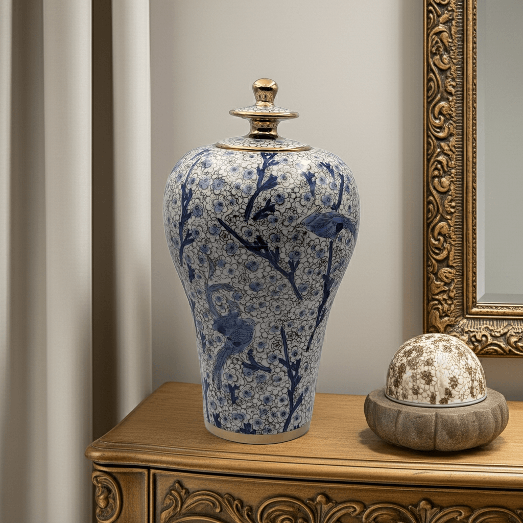 Vintage Hand-Painted Blue Bird Ginger Jar