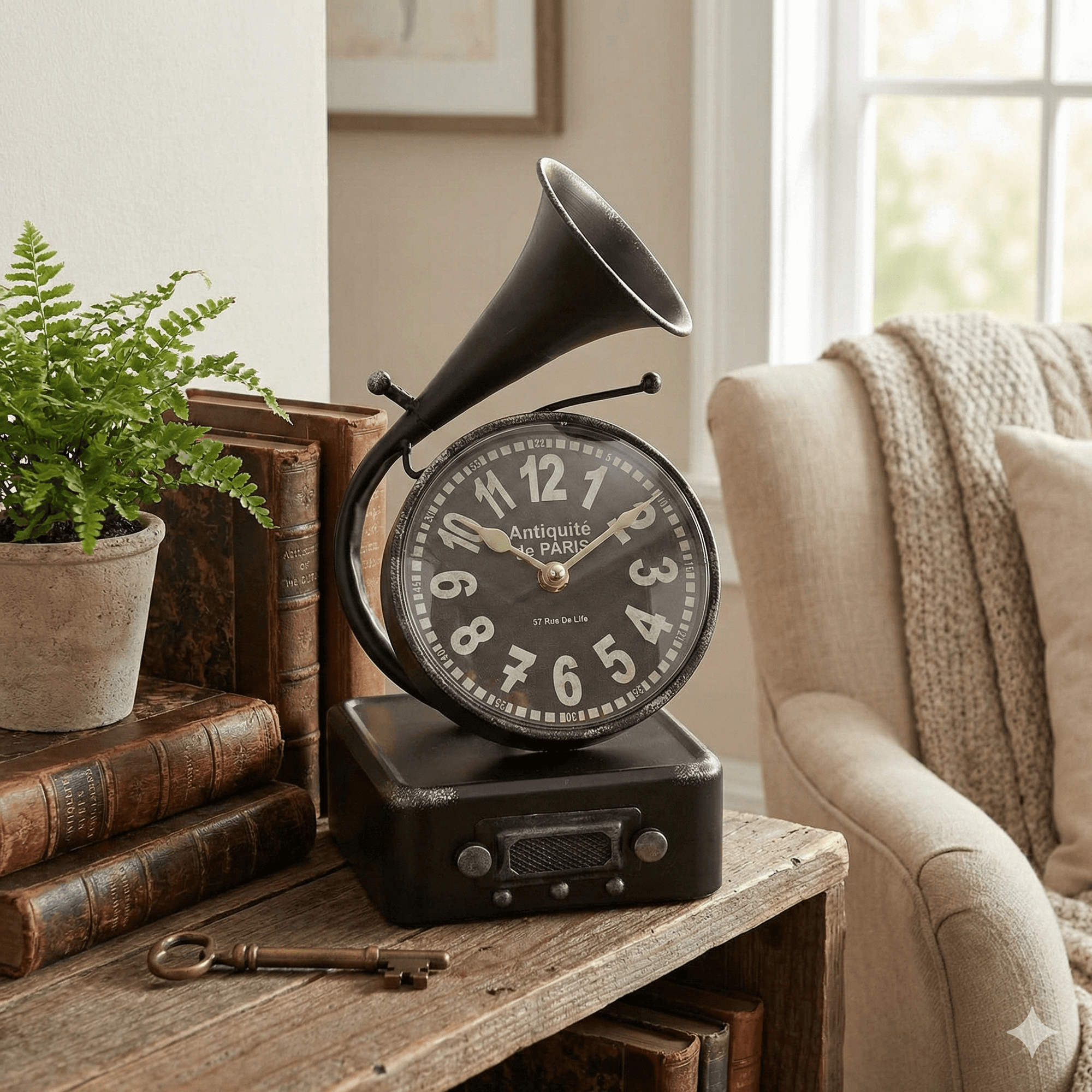 Antique Black Gramophone Table Clock