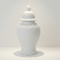 Pristine White Textured Greek Key Ceramic Ginger Jar