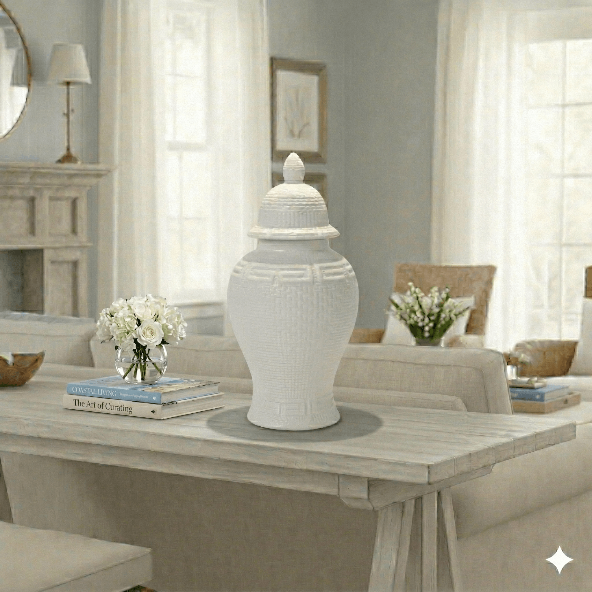Pristine White Textured Greek Key Ceramic Ginger Jar