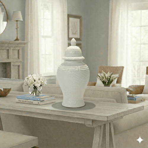 Pristine White Textured Greek Key Ceramic Ginger Jar