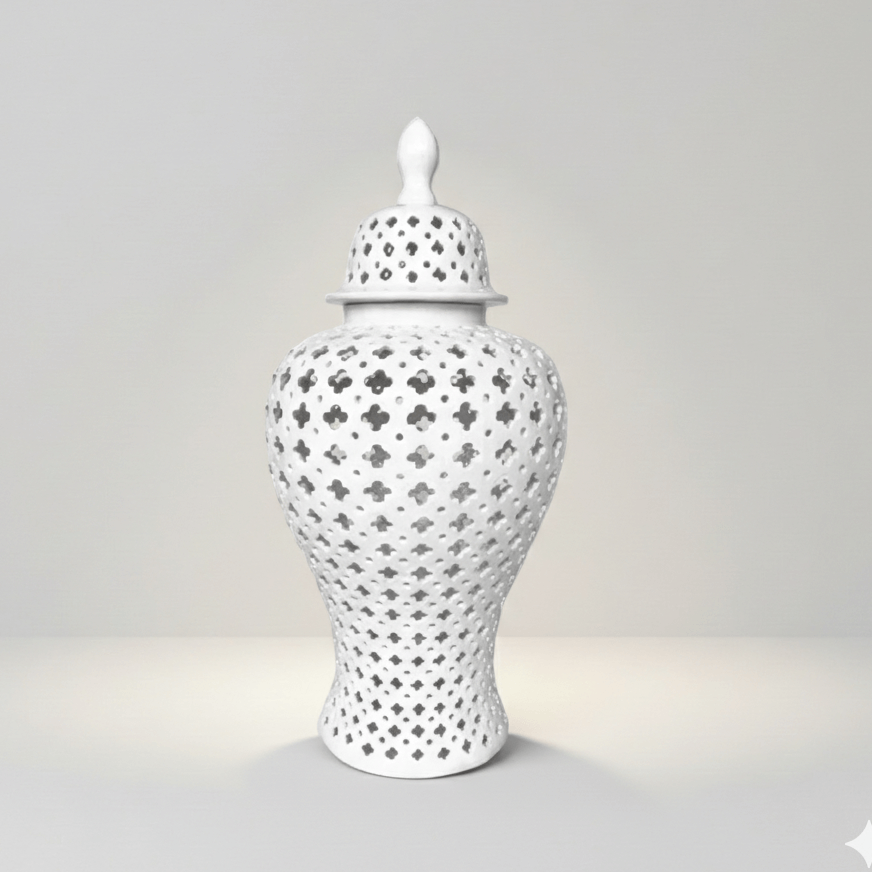 Pristine White Pierced Ceramic Temple Jar