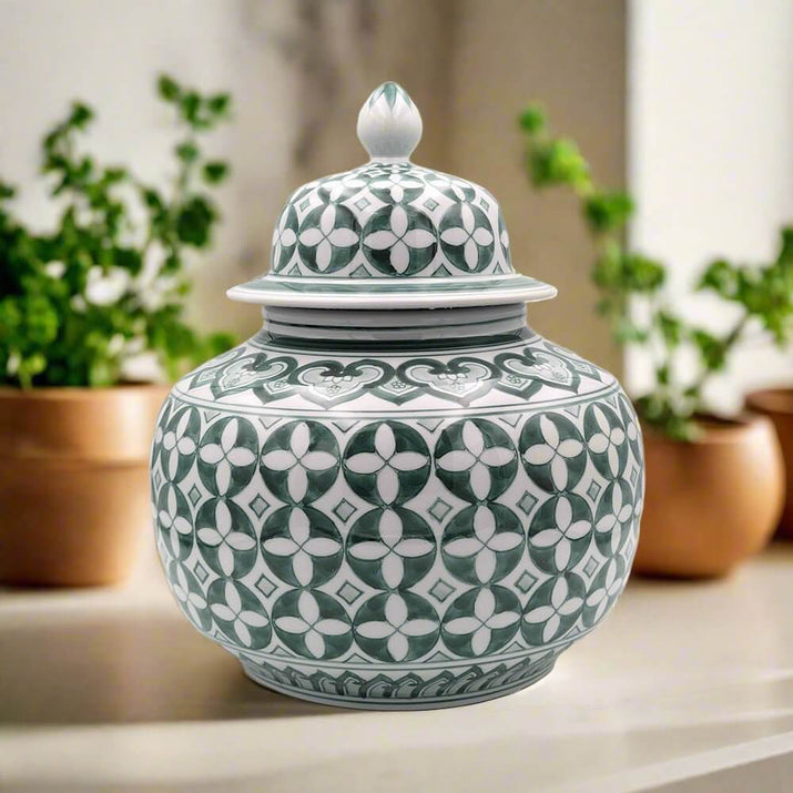 Zara Hunter Green White Ceramic Temple Jar