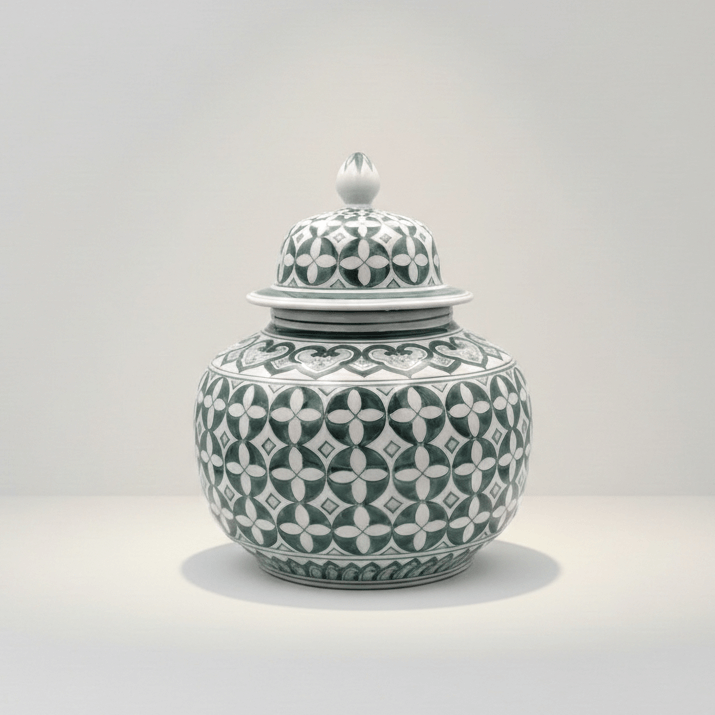 Zara Hunter Green White Ceramic Temple Jar
