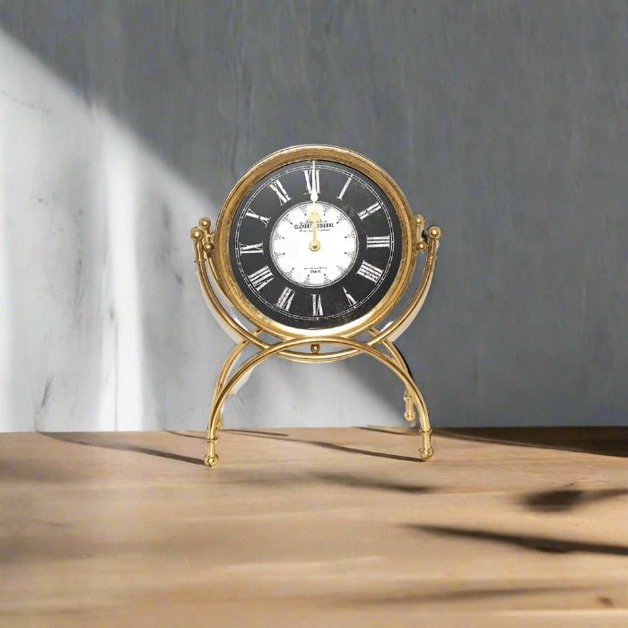 Dubois Standing Desk Clock - Gold Metal Finish with Glass - Luxury Co