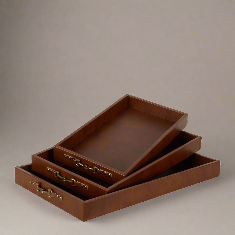 Elegant Chestnut Brown Leather Decorative Tray Set - 3 Trays - Luxury Co