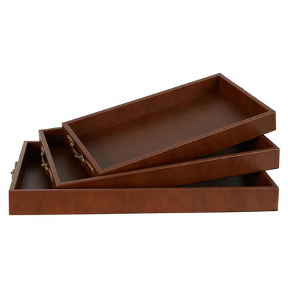 Elegant Chestnut Brown Leather Decorative Tray Set - 3 Trays - Luxury Co