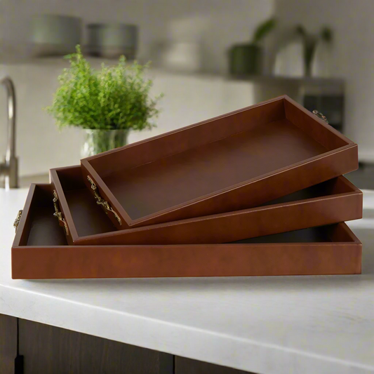 Elegant Chestnut Brown Leather Decorative Tray Set - 3 Trays