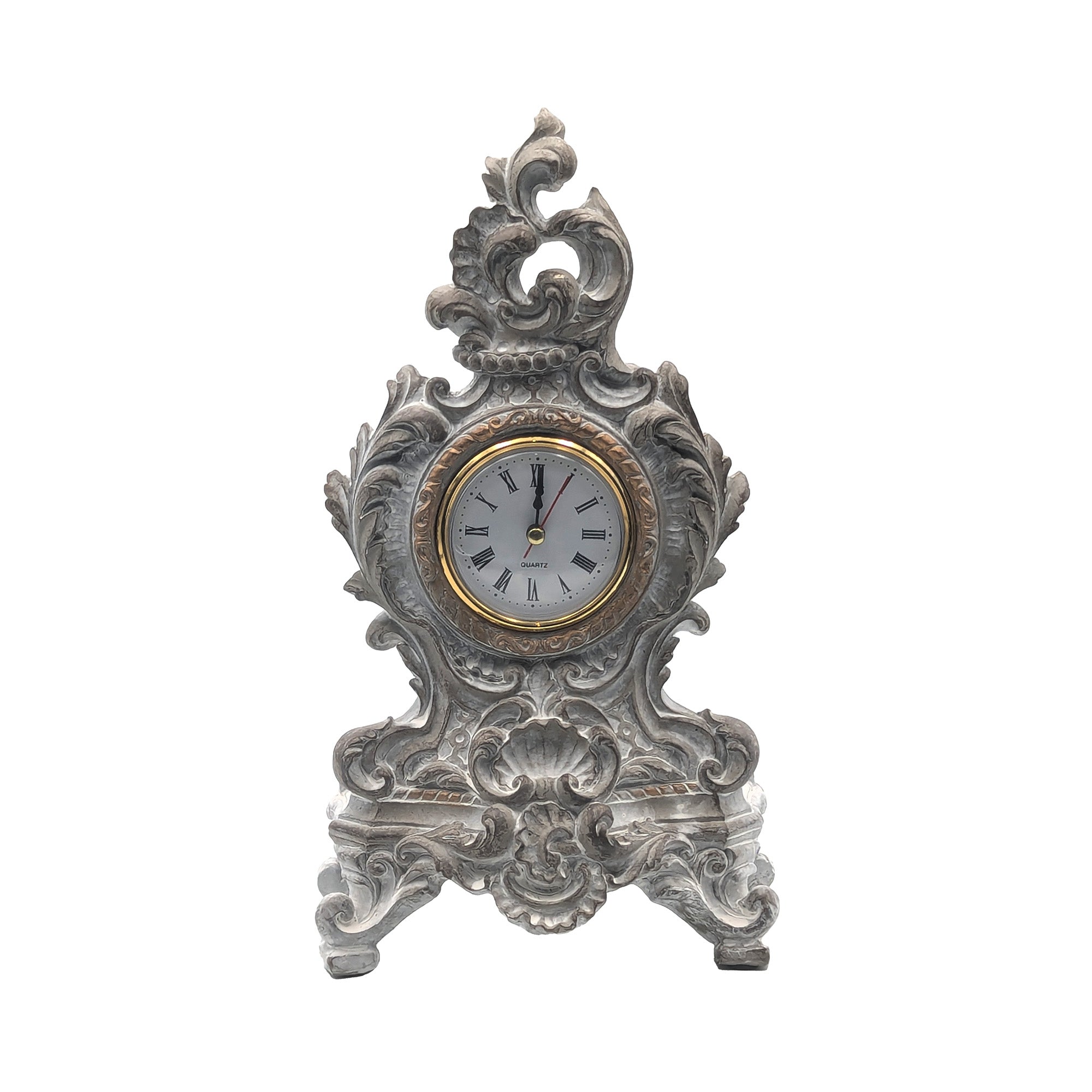 French Baroque Table Clock Vintage White/Gray