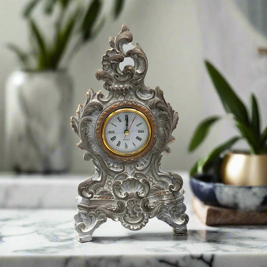 French Vintage Baroque Style Table Clock White/Gray 27cm - Luxury Co