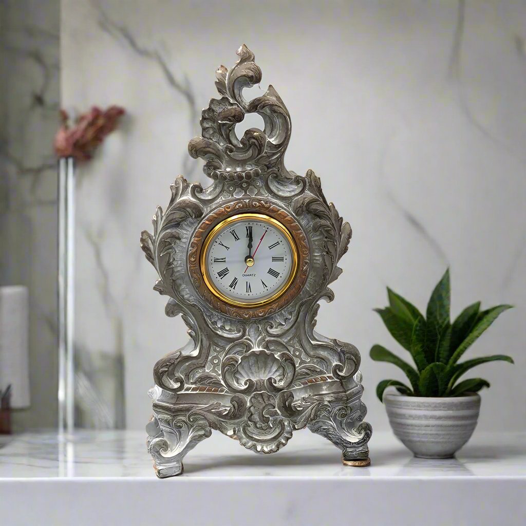 French Vintage Baroque Style Table Clock White/Gray 27cm - Luxury Co