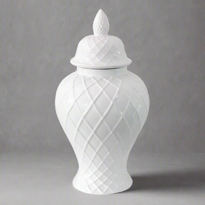 Hamptons Diamond Ceramic Temple Jar White 40cm - Luxury Co