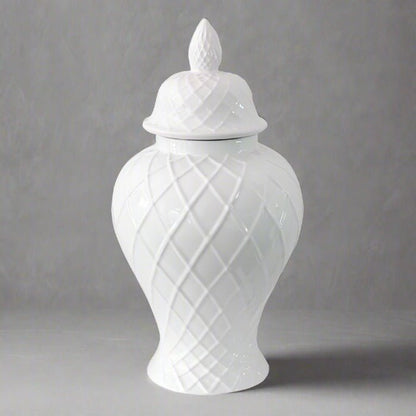 Hamptons Diamond Ceramic Temple Jar White 40cm - Luxury Co