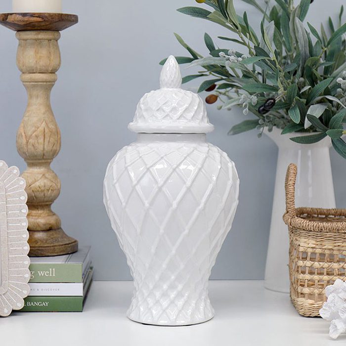 Hamptons Diamond Ceramic Temple Jar White 40cm - Luxury Co