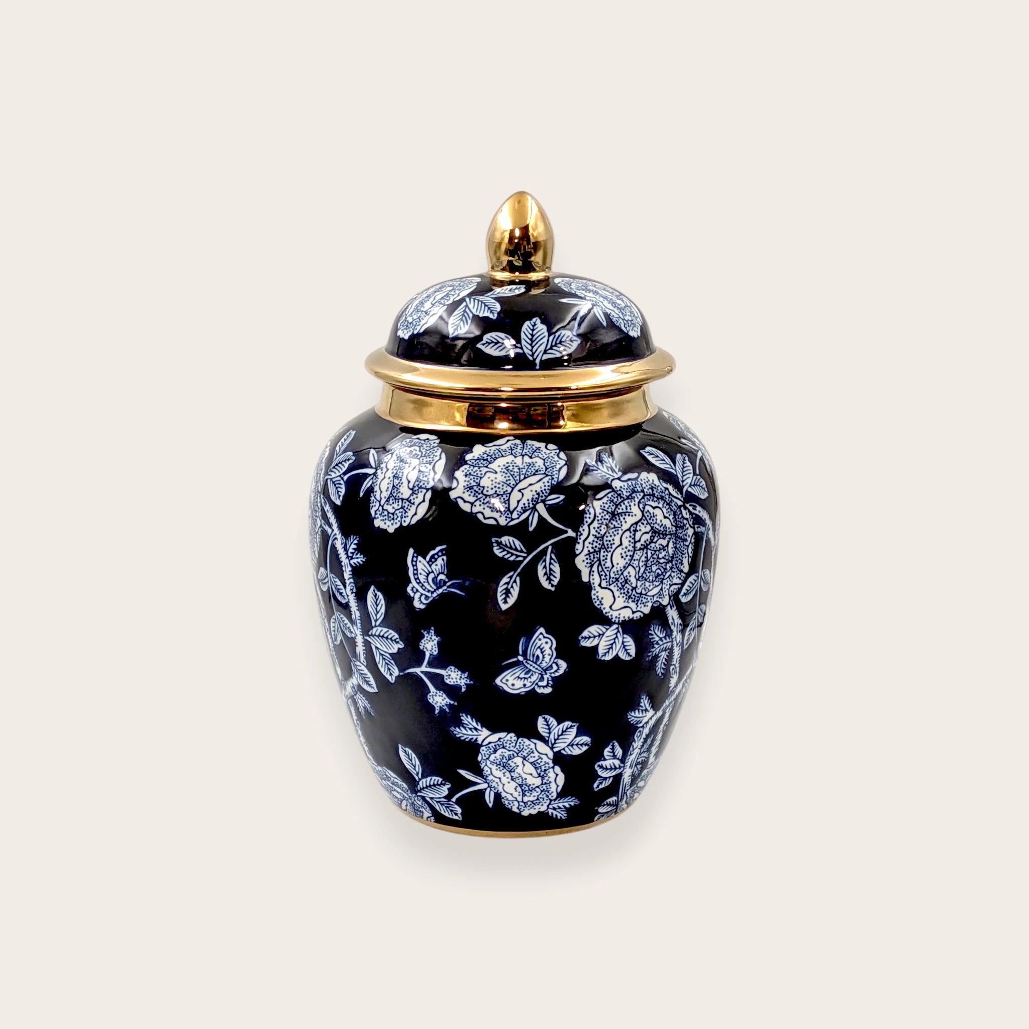 Navy Blue and White Floral Ceramic Ginger Jar - 29cm