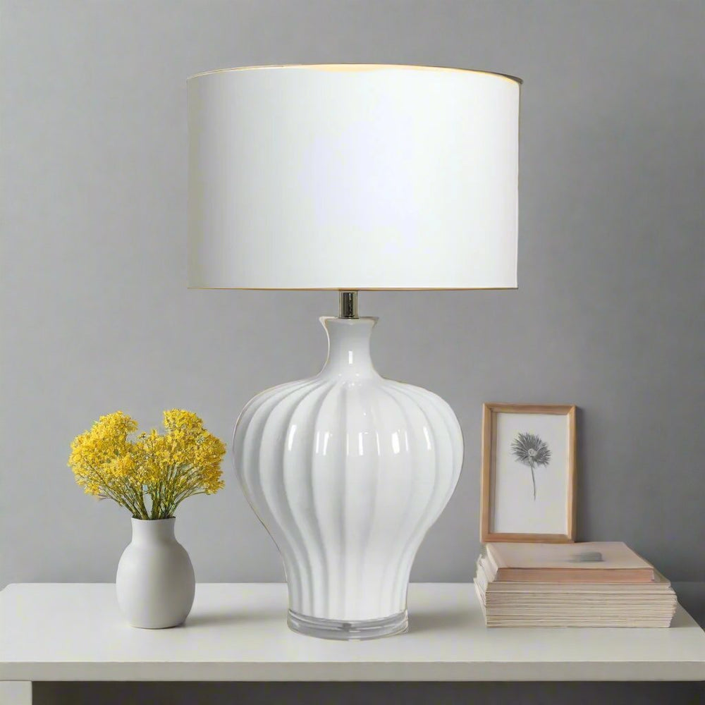 Justina Fluted White Ceramic Table Lamp + Shade