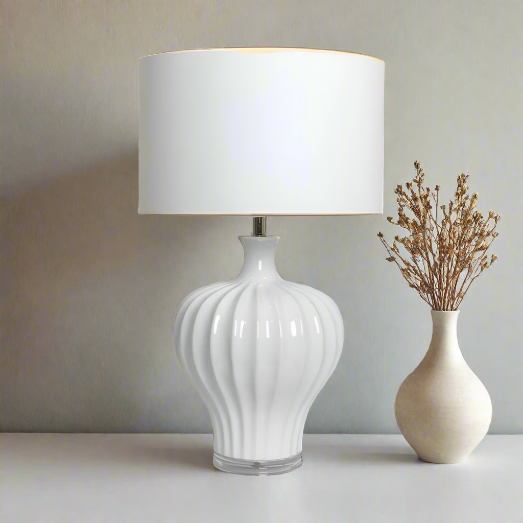 Justina Fluted White Ceramic Table Lamp + Shade - Luxury Co