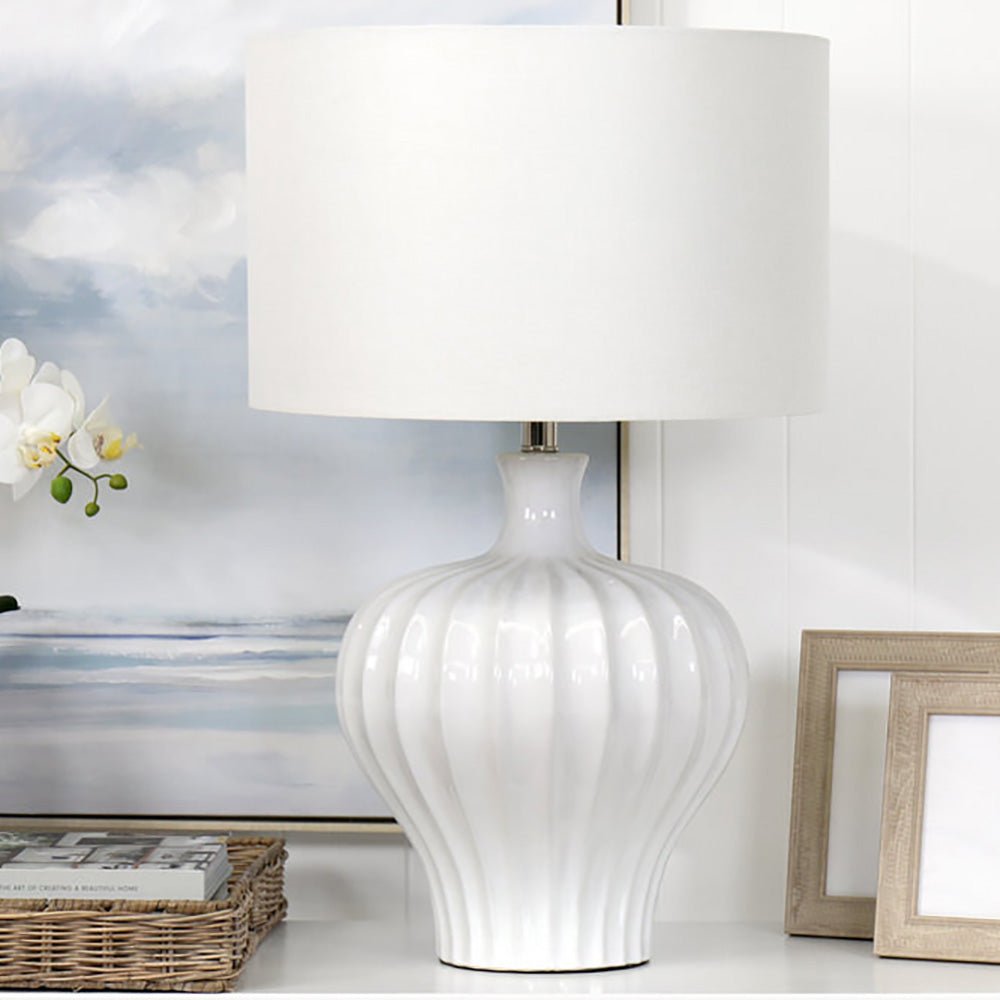 Justina Fluted White Ceramic Table Lamp + Shade - Luxury Co