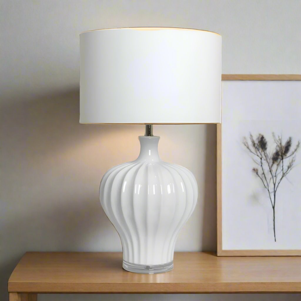 Justina Fluted White Ceramic Table Lamp + Shade - Luxury Co