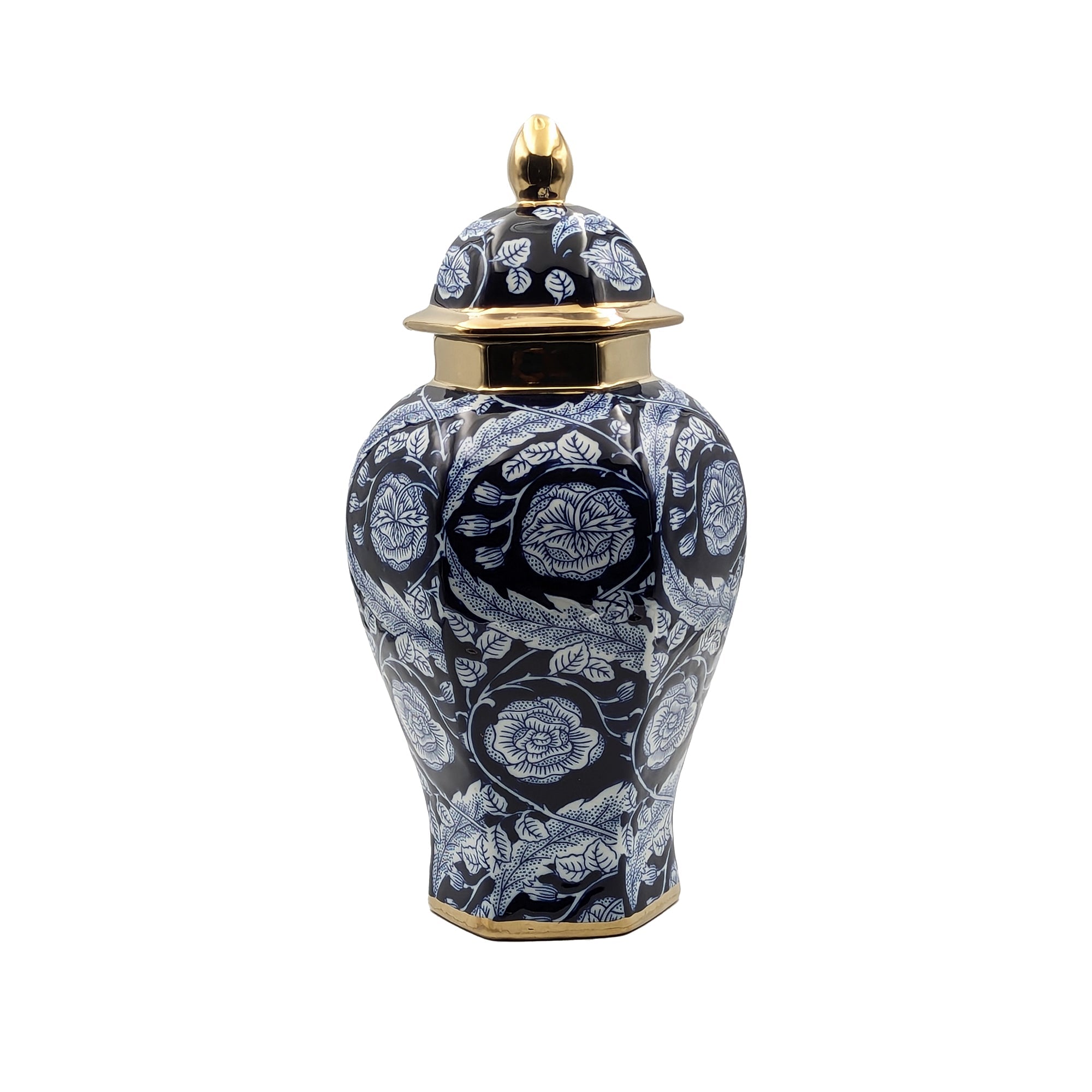 Luxury Navy Blue Floral Temple Jar with Lid