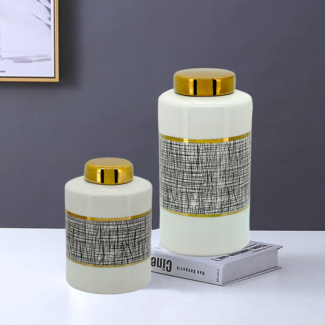 Mesh Porcelain Jar with Lid - Black, White & Gold